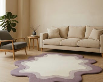 Hand-Tufted Wool Rug – Modern Wavy Edge, Beige & Lavender Carpet