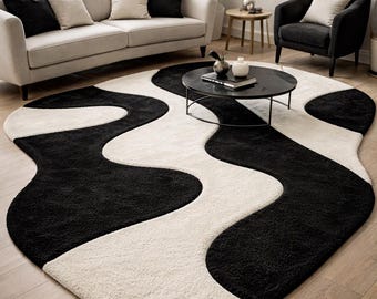 Abstract Irregular Shape Rug, Modern Black White Tufted Carpet, Minimalist Living Room Decor