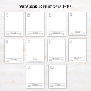 May include: A set of ten printable coloring pages labeled Versions 3: Numbers 1-10. Each page features a large outline number, the corresponding word written in outline font, a blank space for writing, and the text with love by at the bottom.
