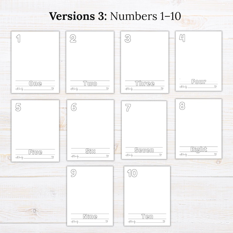 May include: A set of ten printable coloring pages labeled Versions 3: Numbers 1-10. Each page features a large outline number, the corresponding word written in outline font, a blank space for writing, and the text with love by at the bottom.