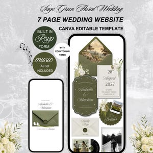May include: A sage green floral wedding 7-page wedding website Canva editable template displayed on two smartphones. The design features an envelope, RSVP form, countdown timer, music, and text including Arabella & Sebastian and 28 August 2027.