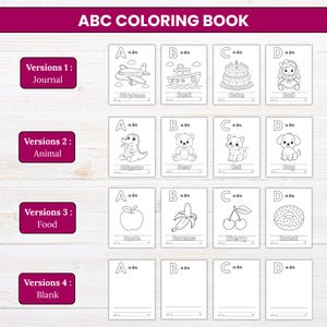 May include: An ABC coloring book set featuring four distinct versions: Journal, Animal, Food, and Blank. Each version displays pages for letters A through D with black and white line art illustrations, including an airplane, boat, cake, doll, alligator, bear, cat, dog, apple, banana, cherry, and donut.