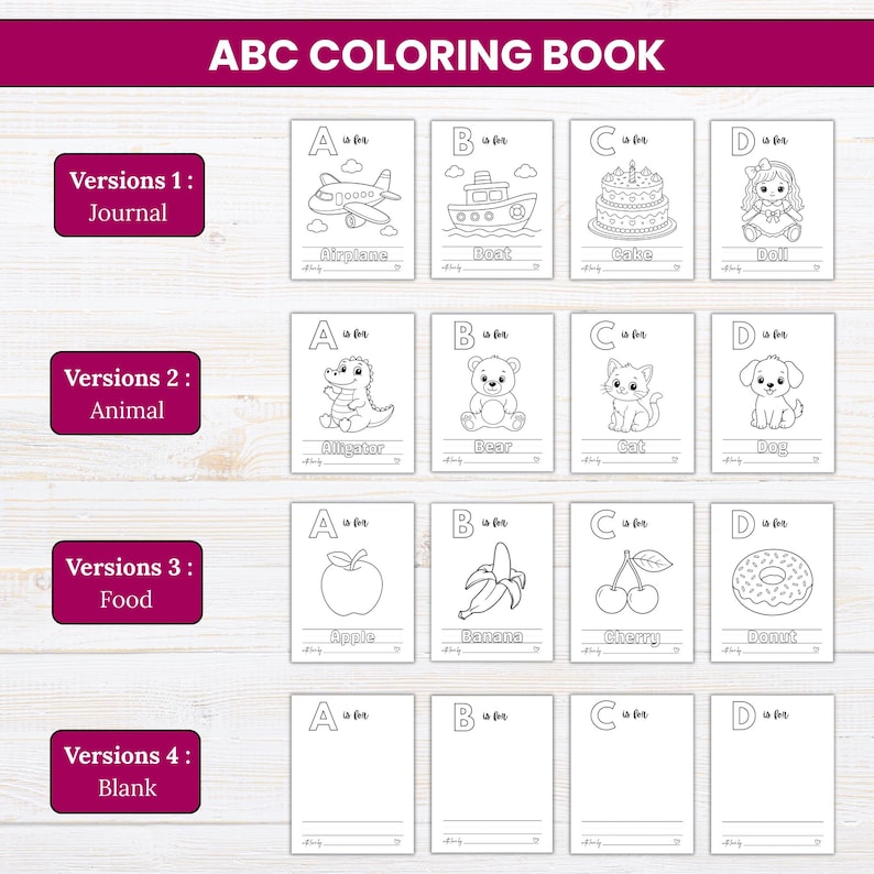 May include: An ABC coloring book set featuring four distinct versions: Journal, Animal, Food, and Blank. Each version displays pages for letters A through D with black and white line art illustrations, including an airplane, boat, cake, doll, alligator, bear, cat, dog, apple, banana, cherry, and donut.