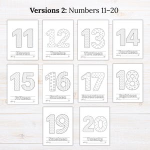 May include: A set of ten printable coloring pages featuring the numbers 11 through 20. Each page displays a large number with unique patterns, the written word for the number, a line for a name, and a small heart icon at the bottom right.