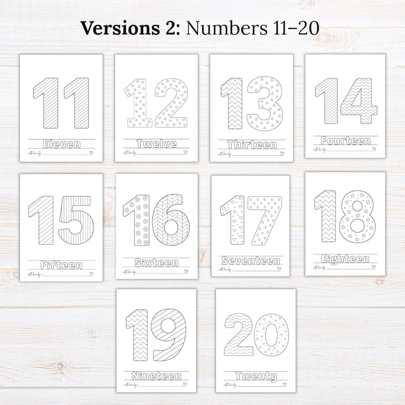 May include: A set of ten printable coloring pages featuring the numbers 11 through 20. Each page displays a large number with unique patterns, the written word for the number, a line for a name, and a small heart icon at the bottom right.