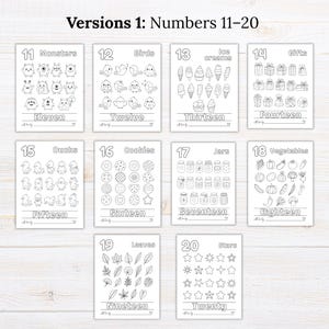 May include: A set of ten black and white printable coloring pages featuring numbers 11 through 20. Each page displays a large numeral, a corresponding word, and a collection of themed illustrations including monsters, birds, ice creams, gifts, ducks, cookies, jars, vegetables, leaves, and stars.