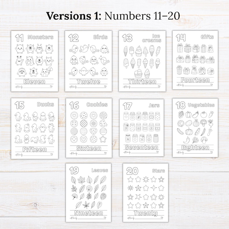 May include: A set of ten black and white printable coloring pages featuring numbers 11 through 20. Each page displays a large numeral, a corresponding word, and a collection of themed illustrations including monsters, birds, ice creams, gifts, ducks, cookies, jars, vegetables, leaves, and stars.