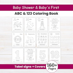 Op de afbeelding: Een Baby Shower & Baby's First ABC & 123 kleurboek met 160+ pagina's. De afbeelding toont twaalf individuele kleurplaten met letters, cijfers, dieren en objecten zoals een vliegtuig, maan, koningin, zon, olifanten, monsters en eendjes.