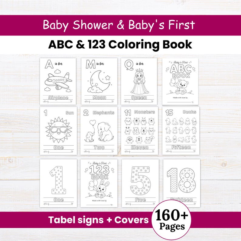 May include: A Baby Shower & Baby's First ABC & 123 Coloring Book with 160+ pages. The display shows twelve individual coloring pages featuring letters, numbers, animals, and objects like an airplane, moon, queen, sun, elephants, monsters, and ducks.