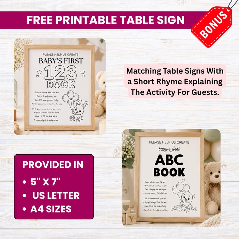 May include: Two printable table signs for a baby shower activity, one titled Baby's First 123 Book and the other Baby's First ABC Book. Both feature black text and a line art illustration of a teddy bear holding balloons, provided in 5" x 7", US Letter, and A4 sizes.