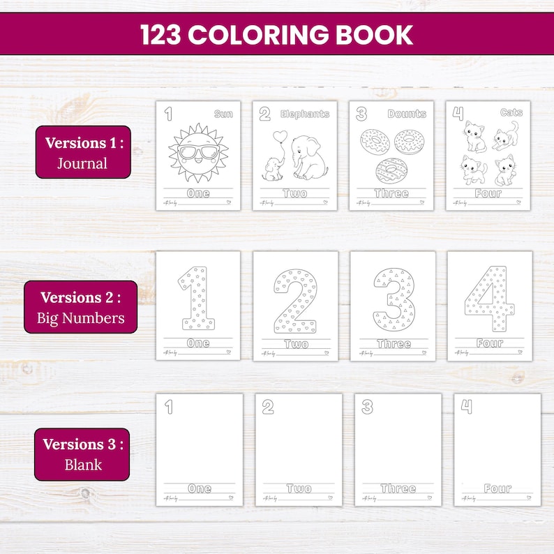 May include: A 123 Coloring Book featuring three distinct page layouts. Version 1 includes illustrations of a sun, elephants, donuts, and cats. Version 2 displays large numbers with patterns. Version 3 provides blank spaces for numbers one through four.