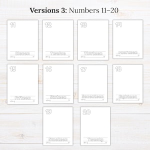 May include: A set of ten printable coloring pages labeled Versions 3: Numbers 11-20. Each page features a large outline number from 11 to 20, the corresponding word in outline font, a line for a name, and the text with love by followed by a heart icon.