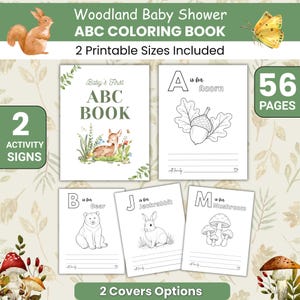 Può includere: Un libro da colorare ABC per baby shower a tema bosco con 56 pagine e 2 cartelli attività. La copertina mostra un cerbiatto, mentre le pagine interne presentano le lettere A, B, J e M con illustrazioni di ghianda, orso, lepre e funghi.