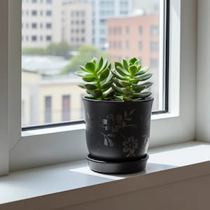 New England Pottery Black Clay Planter - Matte Floral Rose Pot