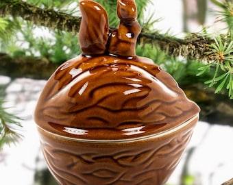 Ceramic Walnut‑Shaped Lidded Dish with Squirrel Handle
