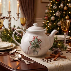 May include: A white ceramic teapot with a lid, featuring a painted design of a green ivy topiary in a pot tied with a red ribbon. The teapot has a rounded body with subtle vertical ridges and a curved handle and spout.