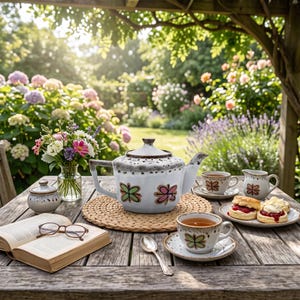 Op de afbeelding: Een keramieken theeservies bestaande uit een theepot, melkkan, suikerpot en twee kopjes met schotels, versierd met handgeschilderde vlindermotieven in roze en groen. De set bevat een zilveren lepel, een bril en een open boek op een tafel.