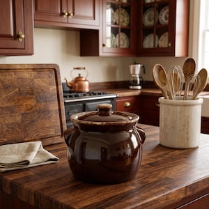 May include: A dark brown ceramic crock with a matching lid sits on a wooden countertop. Beside it is a white ceramic utensil holder containing wooden spoons and metal whisks, along with a wooden cutting board and a folded beige cloth.