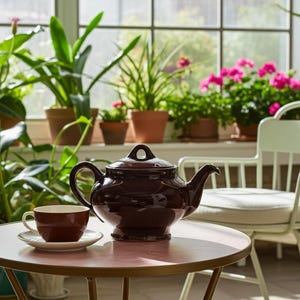 Könnte beinhalten: Eine dunkelbraune Keramik-Teekanne mit passendem Deckel und eine dunkelbraune Keramik-Teetasse auf einer Untertasse. Die Teekanne hat einen geschwungenen Griff und einen Ausguss, während die Tasse auf einem kleinen Teller steht.