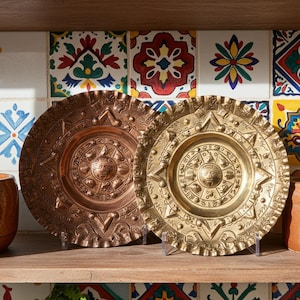 Mexican Sun Face Wall Plate Pair - Hammered Metal Design