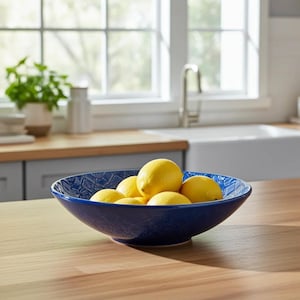 May include: A deep blue ceramic bowl with a subtle embossed geometric pattern on the exterior, filled with several bright yellow lemons. The bowl has a wide, shallow shape and sits on a wooden surface, showcasing a smooth, glossy finish.