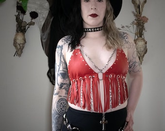 Hellbent Chained to the Nite Red leather fringe top - leather bikini - Handmade - alternative fashion