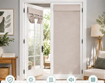 Linen Look Blackout French Door Curtain 26 x 68 Natural Privacy Door Window Shade Peel and Stick No Rod Door Blind for Bedroom Side Light