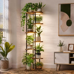 May include: A tall, multi-tiered plant stand with a black metal frame and dark wood-grain shelves. The unit features integrated LED lighting under each shelf, holding various potted green plants, including a trailing vine on the top shelf.