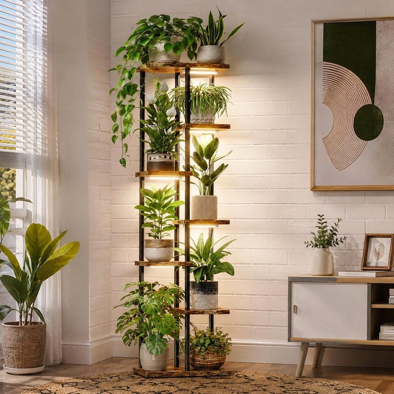 May include: A tall, multi-tiered plant stand with a black metal frame and dark wood-grain shelves. The unit features integrated LED lighting under each shelf, holding various potted green plants, including a trailing vine on the top shelf.