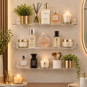May include: Three clear acrylic wall-mounted shelves holding various luxury perfume bottles, skincare jars, scented candles in glass holders, a reed diffuser, a marble-patterned brush holder, and two small potted plants in gold-toned metallic pots.