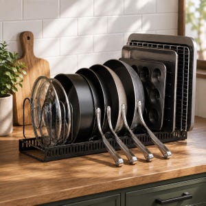 May include: A black metal kitchen organizer rack holding various cookware items including glass lids, round frying pans, a muffin tin, a rectangular baking sheet, and a wire cooling rack, all arranged vertically in a row on a wooden countertop.