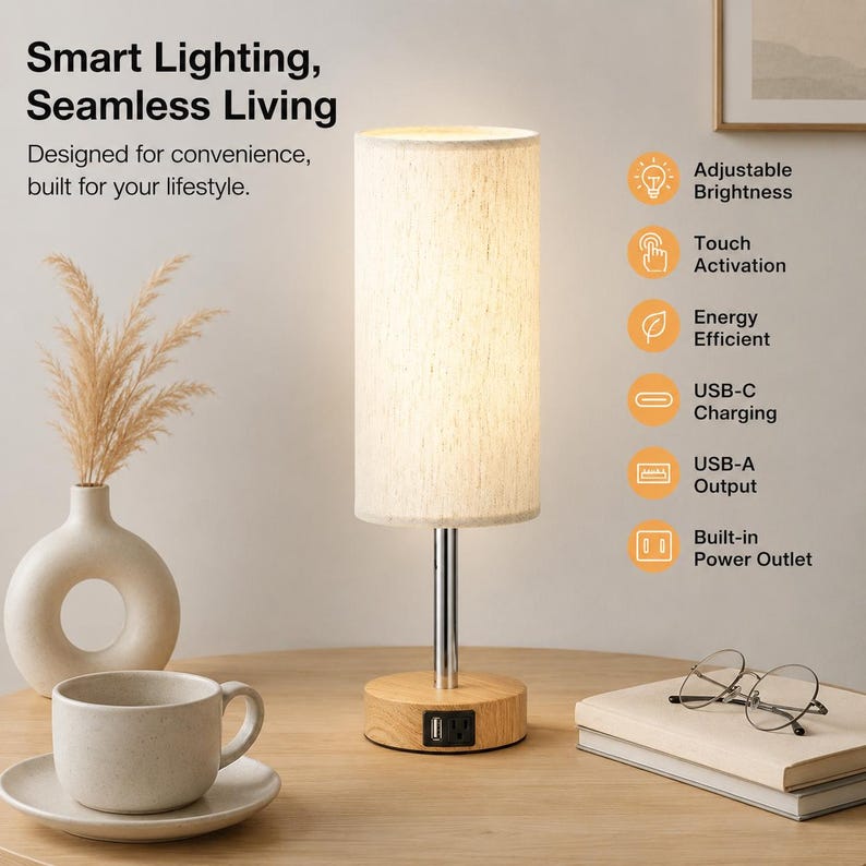 May include: A cylindrical table lamp with a cream-coloured fabric shade, a chrome stem, and a light wood base featuring a built-in power outlet and USB port. The lamp is illuminated, casting a warm glow, and is surrounded by a ceramic mug and glasses.