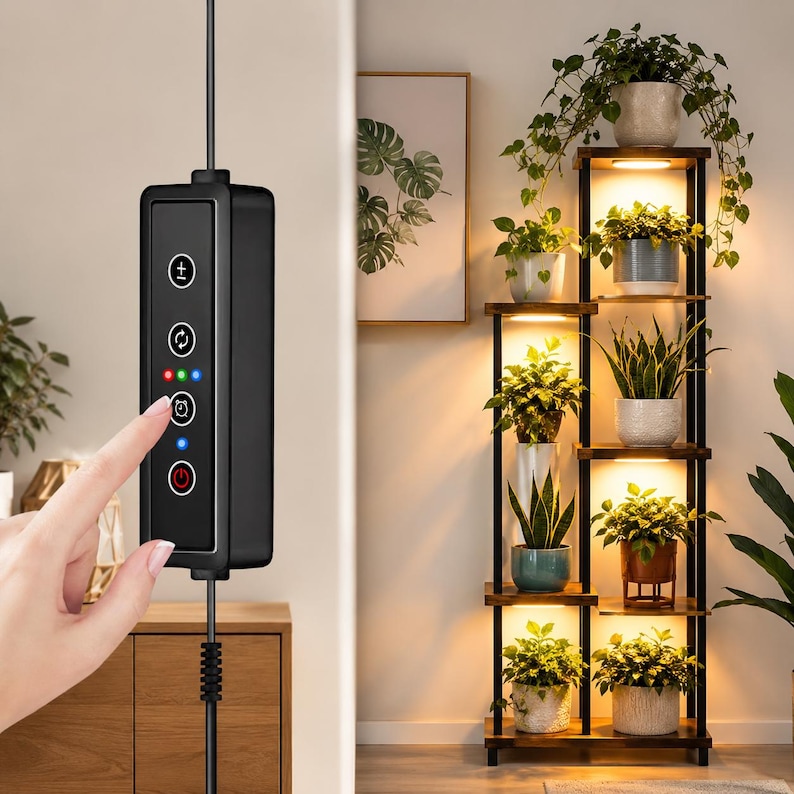 May include: A tall, multi-tiered wooden plant stand with a black metal frame and integrated LED grow lights on each shelf. The stand holds various potted green plants. A black rectangular control panel with buttons for light settings is attached.