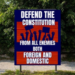 May include: A sign with the text "DEFEND THE CONSTITUTION" in white letters on a dark blue background. Below, it reads "FROM ALL ENEMIES BOTH FOREIGN AND DOMESTIC" in white. The sign features raised fists and signs.