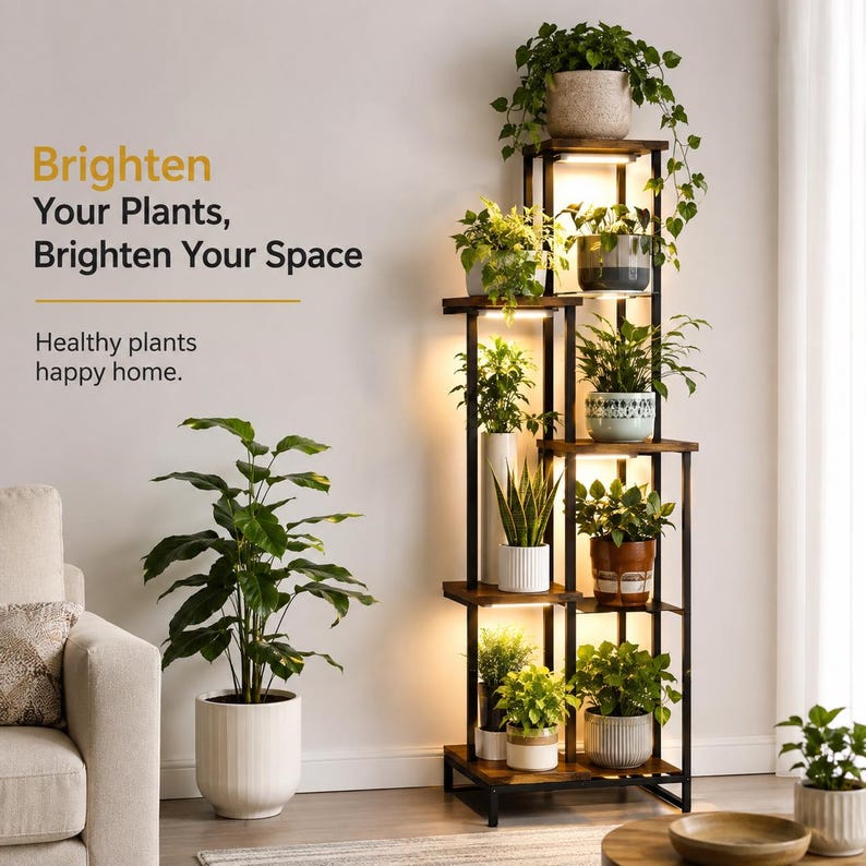 May include: A tall, multi-tiered plant stand with a black metal frame and dark wood shelves, featuring integrated LED lights under each shelf. The text reads: Brighten Your Plants, Brighten Your Space. Healthy plants happy home. Various potted plants are displayed.
