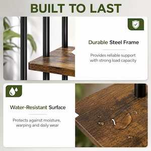 May include: A shelving unit featuring a black steel frame and brown wood-grain shelves. Text on the image reads BUILT TO LAST, Durable Steel Frame, Provides reliable support with strong load capacity, Water-Resistant Surface, and Protects against moisture.