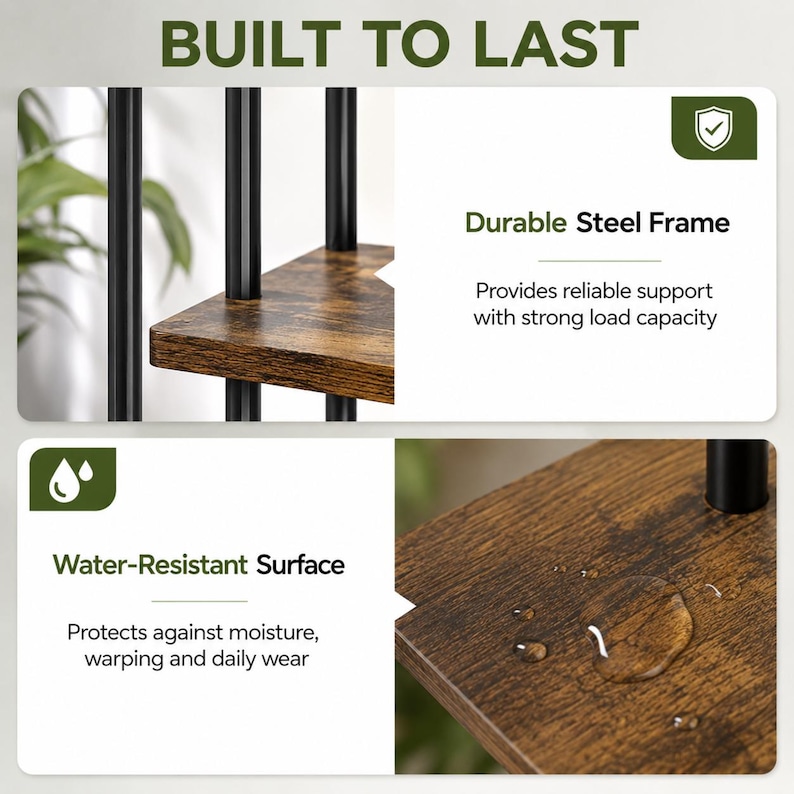 May include: A shelving unit featuring a black steel frame and brown wood-grain shelves. Text on the image reads BUILT TO LAST, Durable Steel Frame, Provides reliable support with strong load capacity, Water-Resistant Surface, and Protects against moisture.
