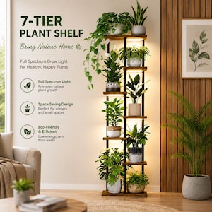 May include: A 7-tier plant shelf with a dark wood finish and black metal frame, featuring integrated full spectrum grow lights on each level. The unit holds various potted green plants, including a trailing vine, and displays text.