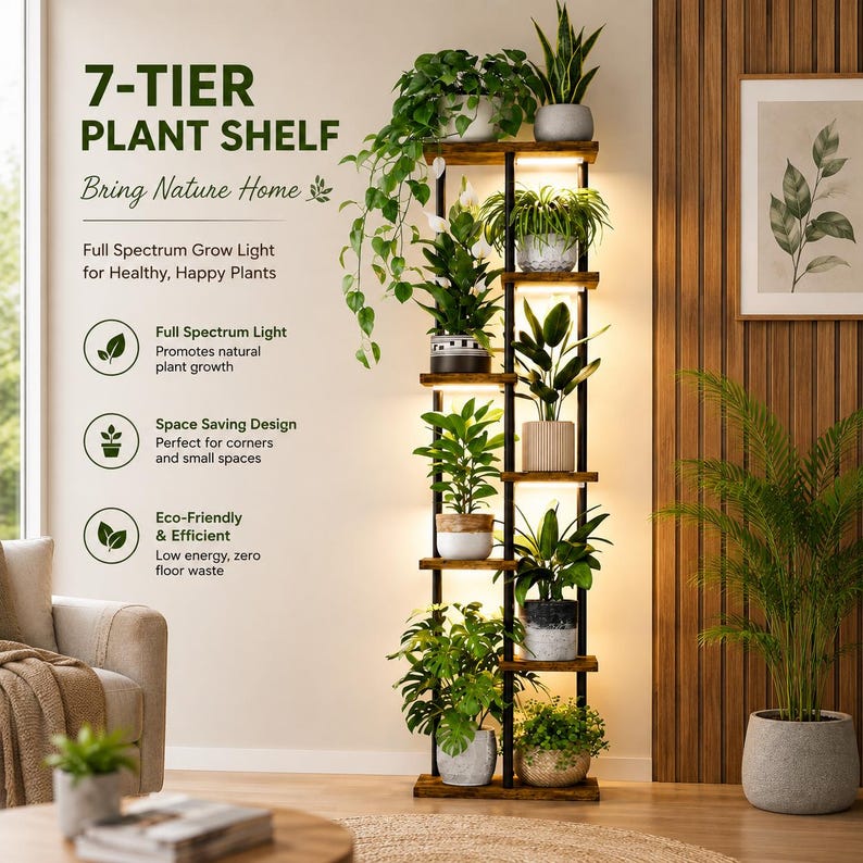 May include: A 7-tier plant shelf with a dark wood finish and black metal frame, featuring integrated full spectrum grow lights on each level. The unit holds various potted green plants, including a trailing vine, and displays text.