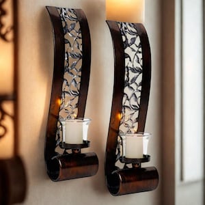Scrollwork Metal Wall Art Sconces (Set of 2) - 14.4" x 3.5" Bronze Candle Sconce, Vertical Floating Tea Light Holders, Classic Home Accents
