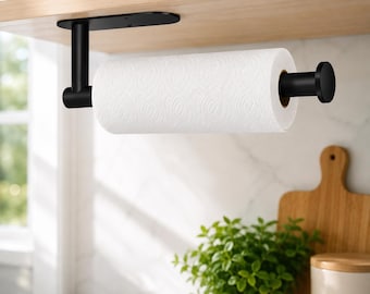 Black Stainless Steel Paper Towel Rack, Dual Mount Self Adhesive Under Cabinet Holder for Kitchen, Bathroom, Cling Film & Foil