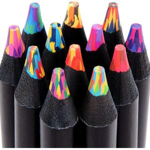 May include: A close-up of a collection of black colored pencils with vibrant, multicolored tips. The tips display a variety of colors, including blue, green, yellow, orange, pink, and purple. The pencils are arranged closely together against a white background.