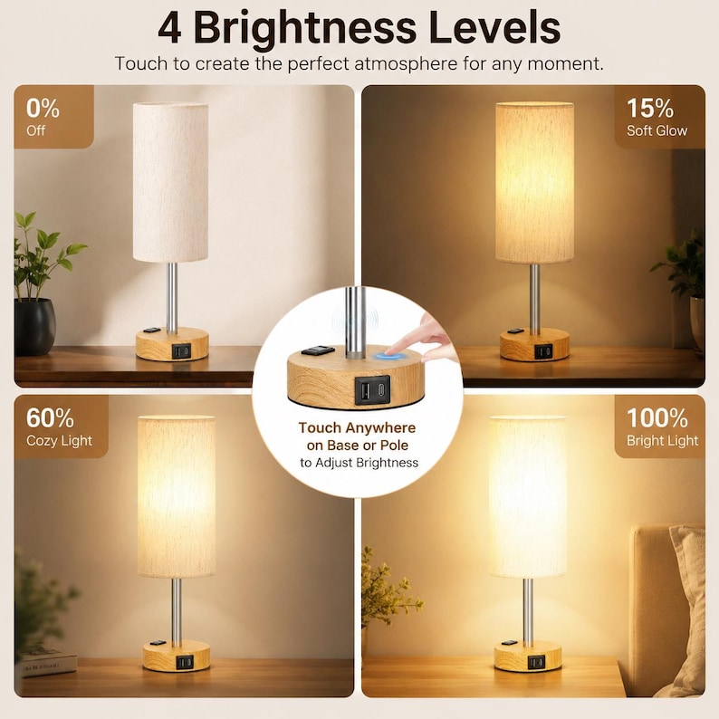 May include: A table lamp with a cylindrical fabric shade, a silver metal pole, and a light wood-grain base featuring a USB port. The lamp displays 4 brightness levels: 0% off, 15% soft glow, 60% cosy light, and 100% bright light, with touch control.