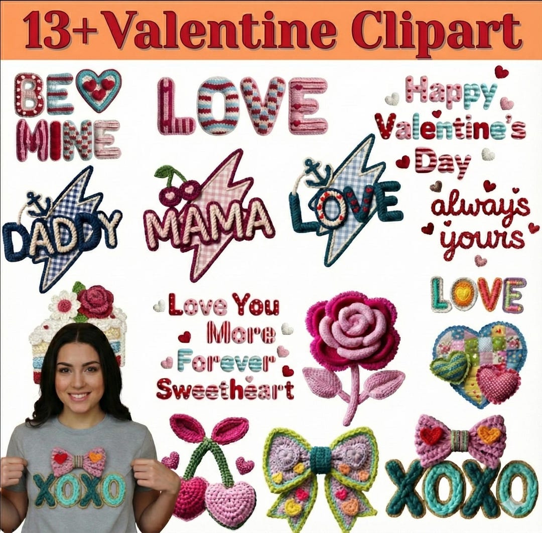 Valentine’s Day Crochet Clipart Bundle PNG JPG Pdf, Love Quotes, Mama ...