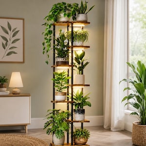 7 Tier Plant Shelf with Grow Light Tall Wood Metal Plant Stand Corner Flower Pot Holder Dimmable Full Spectrum Plant Display Rack