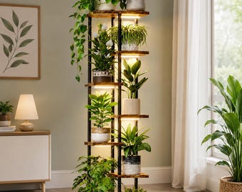 7 Tier Plant Shelf with Grow Light Tall Wood Metal Plant Stand Corner Flower Pot Holder Dimmable Full Spectrum Plant Display Rack