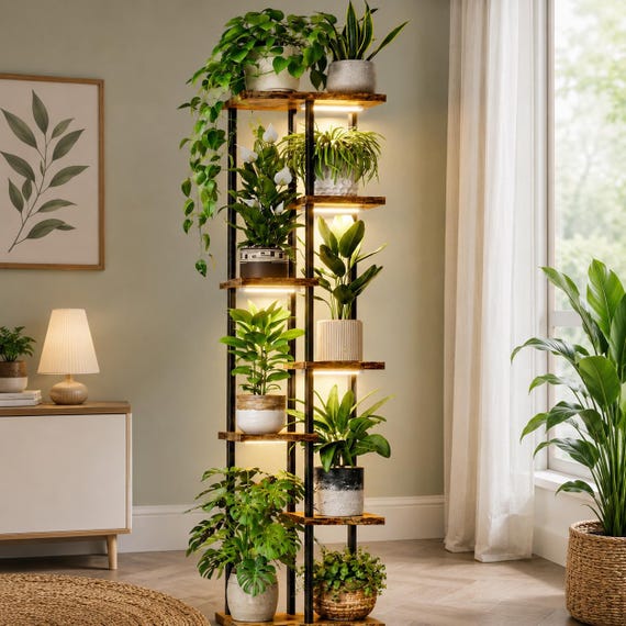 7 Tier Plant Shelf with Grow Light Tall Wood Metal Plant Stand Corner Flower Pot Holder Dimmable Full Spectrum Plant Display Rack