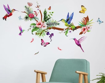 Colorful Hummingbird Wall Decal | Flower Branch & Butterfly Sticker | Peel and Stick Vinyl | Nature Living Room Decor