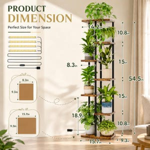 May include: A tall, multi-tiered plant stand with a black metal frame and dark wood-grain shelves. The stand features seven shelves holding various potted plants. Text indicates a total height of 54.5 inches and shelf dimensions of 8.3 by 9.3 inches.