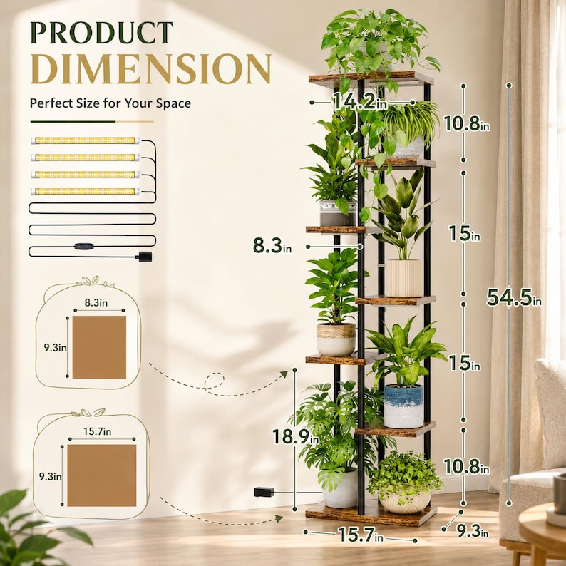 May include: A tall, multi-tiered plant stand with a black metal frame and dark wood-grain shelves. The stand features seven shelves holding various potted plants. Text indicates a total height of 54.5 inches and shelf dimensions of 8.3 by 9.3 inches.